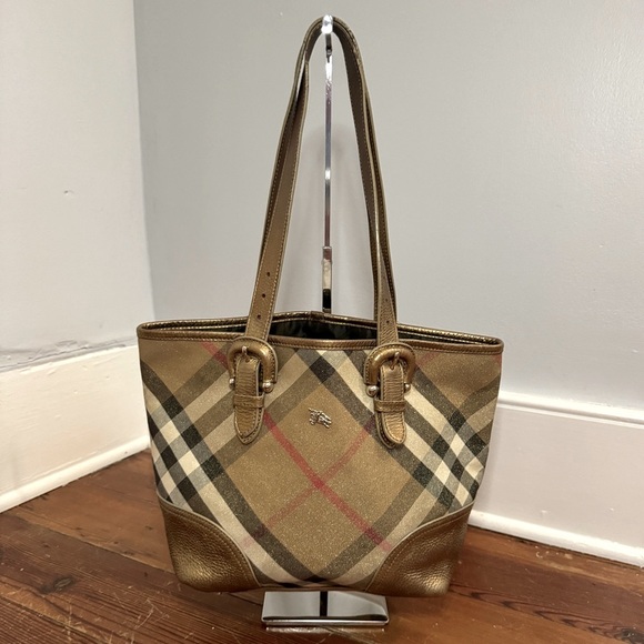 Burberry Handbags - Burberry Shimmer Gold Canvas Leather Byron Nova Check Small Shoulder Tote Bag